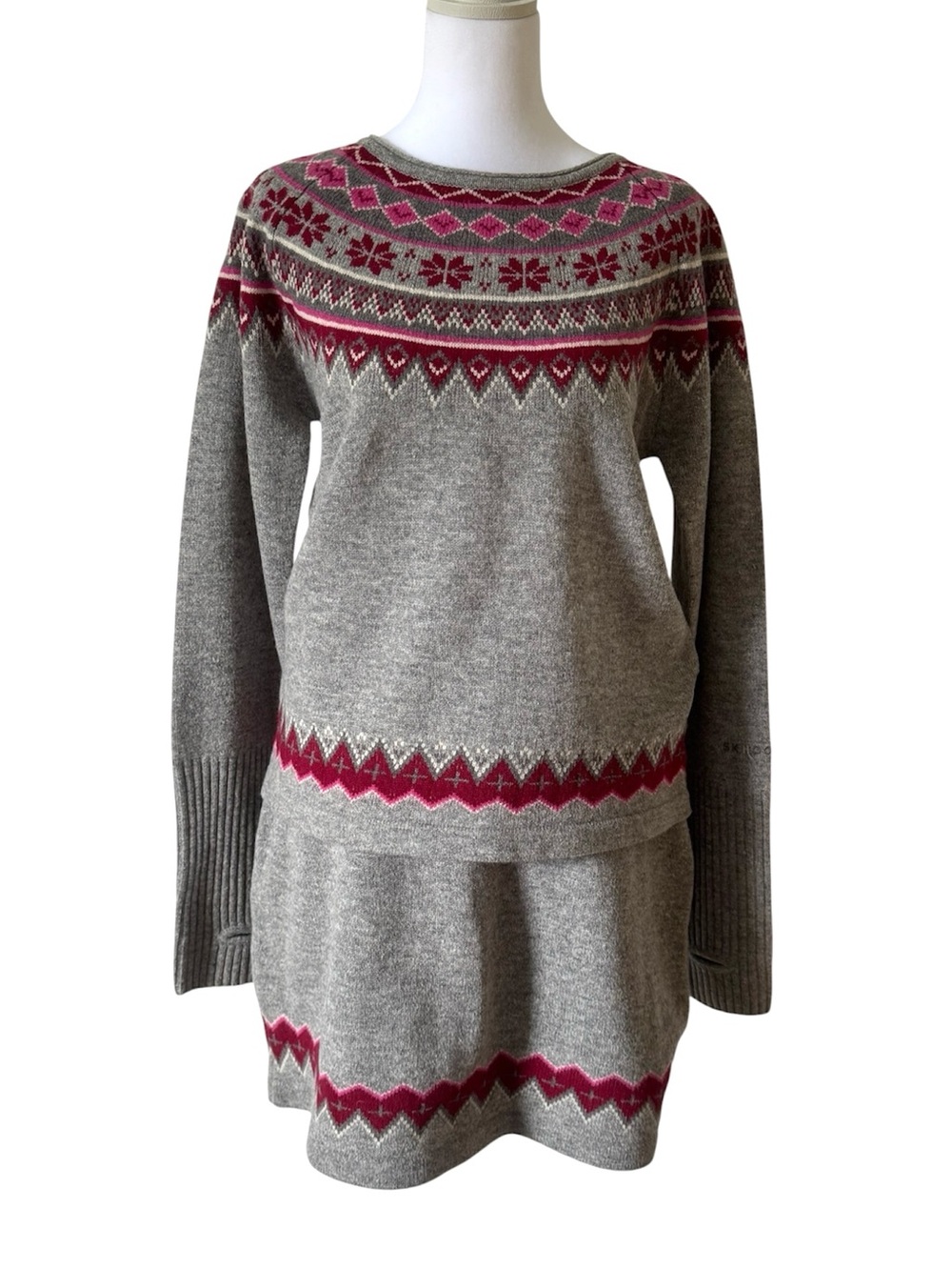 Skhoop Fair Isle Sweater & Skirt Scandinavian 100% Lambswool Gray‎ Pink Medium